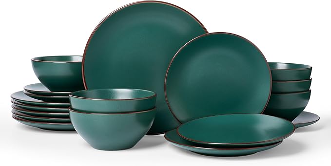 Famiware Venus Plates and Bowls Sets 18 Pieces Stoneware Speckled Dinnerware Dishes Set for 6 Matte Dark Green - Microwave &amp Dishwasher Safe Modern Minimalist for Everyday Meals &amp Formal D