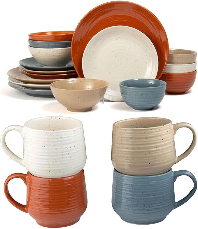 Sango Siterra Painter's Palette 20-Piece Stoneware Dinnerware Set – Service for 4 Multicolor with Unique Flecked Design Perfect for Everyday Dining &amp Entertainment Microwave &amp Dishwasher Sa