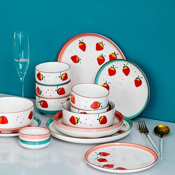Romantic Dinnerware Set Porcelain Dinner Set - 25 Pieces Cute Strawberry Pattern Ceramics Plates and Bowls Sets for Restaurant and Wedding GiftsPink
