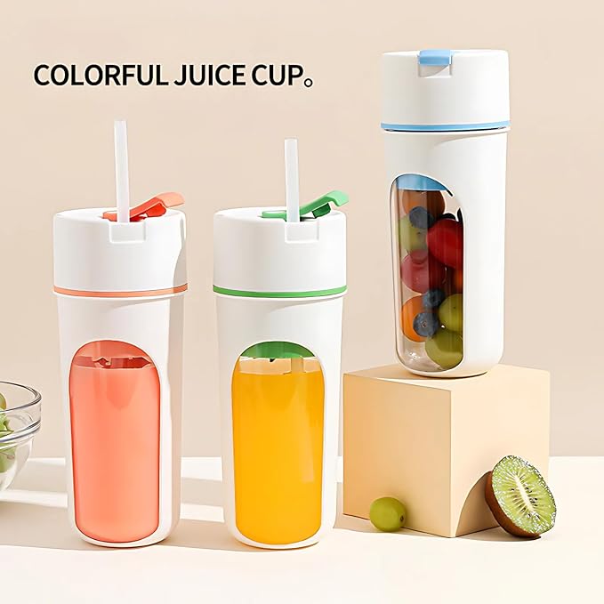 Portable Wireless Electric Juicer Blender USB Rechargeable White with Color Accents Steel Six-Blade Fruit Mixer Cup with Straw Personal Size (Green)