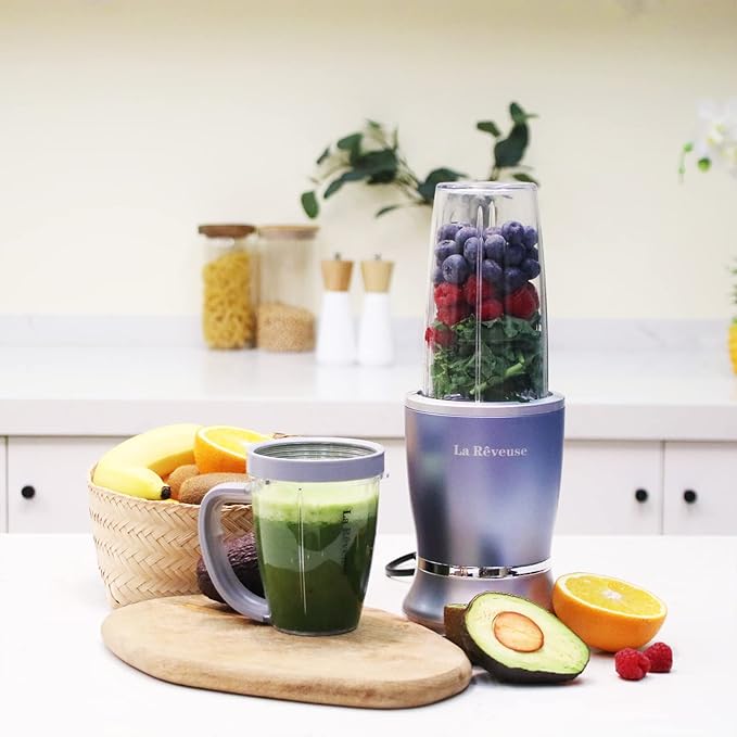 La Reveuse Personal Size Blender 250 Watts Power for Shakes Smoothies Seasonings Sauces with 1 Piece 15 oz Cup1 Piece 10 oz MugBPA-free (Pearl Blue)