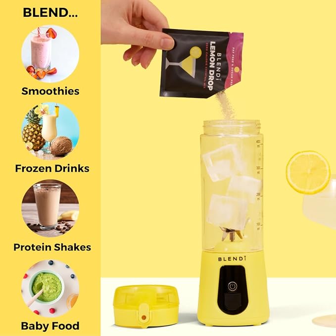BLENDi Pro+ Portable Blender (17.5oz Lemon) – Upgraded Ice Crushing 120W Motor USB-C Rechargeable Cordless Personal Blender Smoothies &amp Shakes – BPA-Free Self-Cleaning Travel-Friendly (NEW)