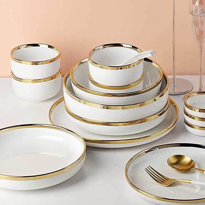 Dinnerware Set Dinner Party Tableware Service Set Dinnerware Sets Service for 2/4/6 Kitchen Plates and Bowls Sets White Luxury Bone China Tableware Nordic Gold Porcela26pcs