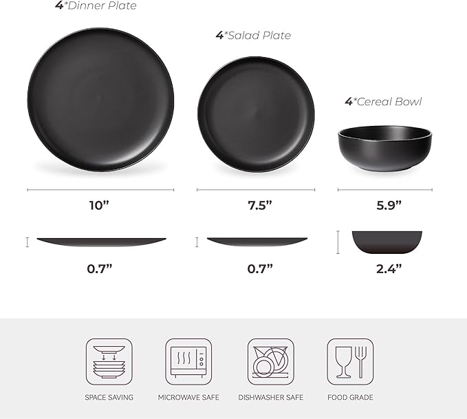 12-Piece Stoneware Dinnerware Set for 4 | Microwave &amp Dishwasher Safe | Non-Toxic Stackable Matte Glaze Plates and Bowls | Chip-Resistant Ceramic Dinner Set with Modern Design