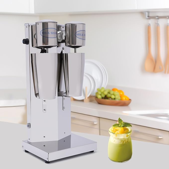 Electric Double Head Milk Shaker180W Stainless Steel Silver Commercial Drink Mixer With 2CupIce Shovel＆Cleaning BrushInfinitely Variable Speed Smoothie Malt For Cocktail Tea Coffee