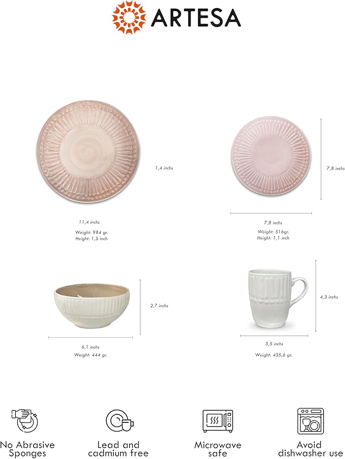 Artesa Pastel 4-Piece Color Full Mix Match 1 Dinnerware Set – Handmade Ecuadorian Ceramic Pink Mint &amp Brown Plates and Bowls with Cup Embossed Pattern Microwave Safe Lead-Free