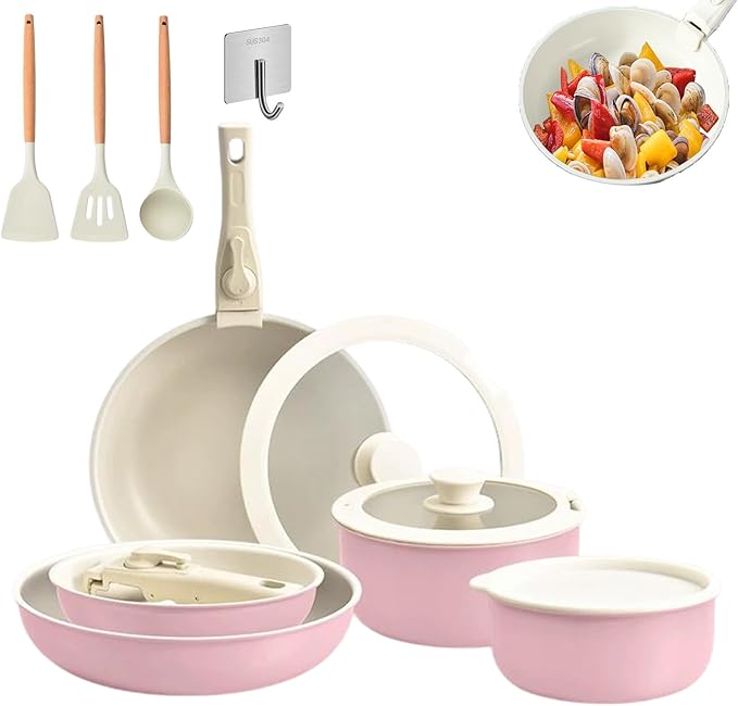 Pots and Pans Set Non Stick Cookware Set with Detachable Handles 5/11 Piece Ceramic coating Cooking Set with Frying Pan Saucepan Stock Pot Suitable for All Stovetops Dishwasher Safe (Pink15)