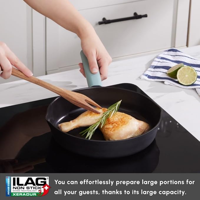 KARACA Fancy Ceramic Cookware Sets Black Kitchen Pots &amp Pans Set Non Stick with Lid Swiss Crystal Surface Induction Cooking Utensils 7-Piece Dishwasher Safe