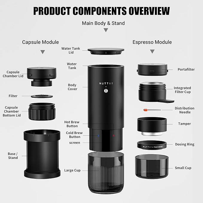 Nuttii E-Coffee Portable Espresso Machine 20 Bar Self-Heating Travel Coffee Maker Precise Pressure Control for Golden Extraction Supports Ground &amp Capsule Coffee for RV Camping &amp Office (B