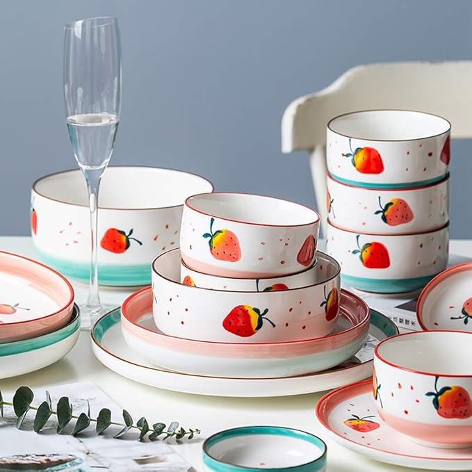 Romantic Dinnerware Set Porcelain Dinner Set - 25 Pieces Cute Strawberry Pattern Ceramics Plates and Bowls Sets for Restaurant and Wedding GiftsPink