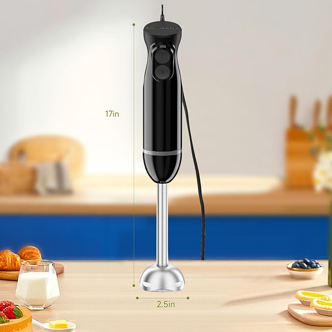 Bonsenkitchen Hand Blender Immersion Blender with 2 Mixing Speeds Portable Electric Stick Mixer Stainless Steel Blades Perfect for Soup Smoothie Puree Baby Food Easy Clean Compact Design