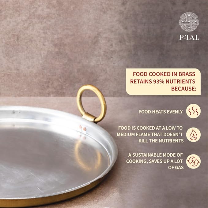 P-TAL Set of Brass Dosa Tawa + 250ml Brass Ghee Pot with Spoon Cookware Set Non-Toxic and Teflon Free Combo Ptal Utensils 12 in Dosa Tawa and 250 ml Golden
