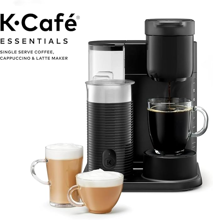 Keeurig K-Café Single Serve Coffee Maker Built-In Milk Frother Latte &amp Cappuccino Brewer Espresso Shot 3 Brew Sizes 42 oz Water Reservoir Travel Mug Friendly Compact Design (Black 42oz)