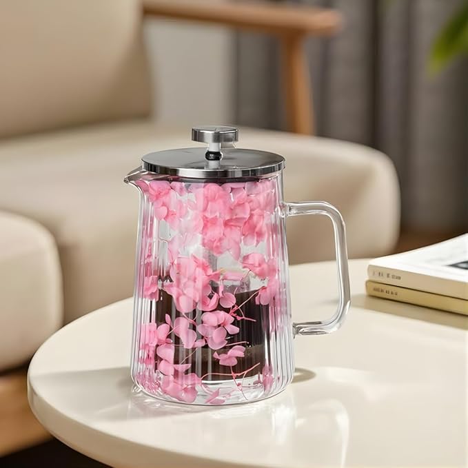 Glass French Press Coffee Maker 22oz (Pink Floral) – Double-Wall Borosilicate Ribbed Coffee Press with Stainless Steel Filter Manual Coffee Brewer &amp Tea Press