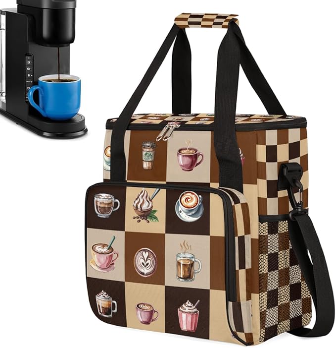 Cartoon Coffee Pattern Coffee Maker Carring Bag Travel Carrying Storage Tote Bag Compatible with Keurig K-Mini or K-Mini Plus Portable Single Serve Coffees Brewer Case with Pockets for K-cup Pods