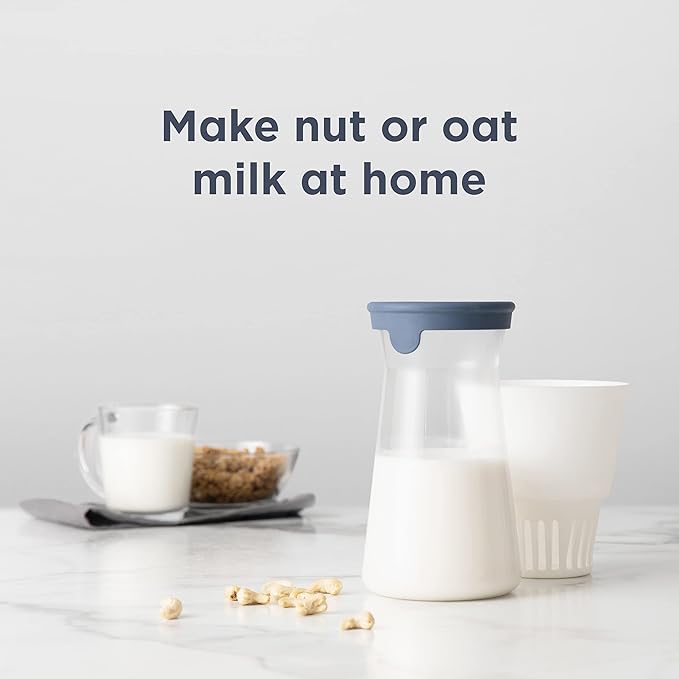 Chef’n Nut Milk Maker with Glass Carafe – Make Homemade Almond Oat Hazelnut Soy Coconut Milk – Includes Mesh Filter Spill-Proof Lid Recipe Book – Easy to Use Dishwasher Friendly