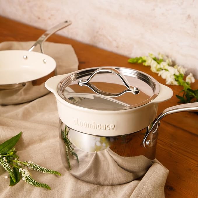 Bloomhouse 4-Piece Triply Stainless Steel Pots and Pans Cookware Set w/Non-Stick Non-Toxic Ceramic Interior and Ceramic Steamer Insert
