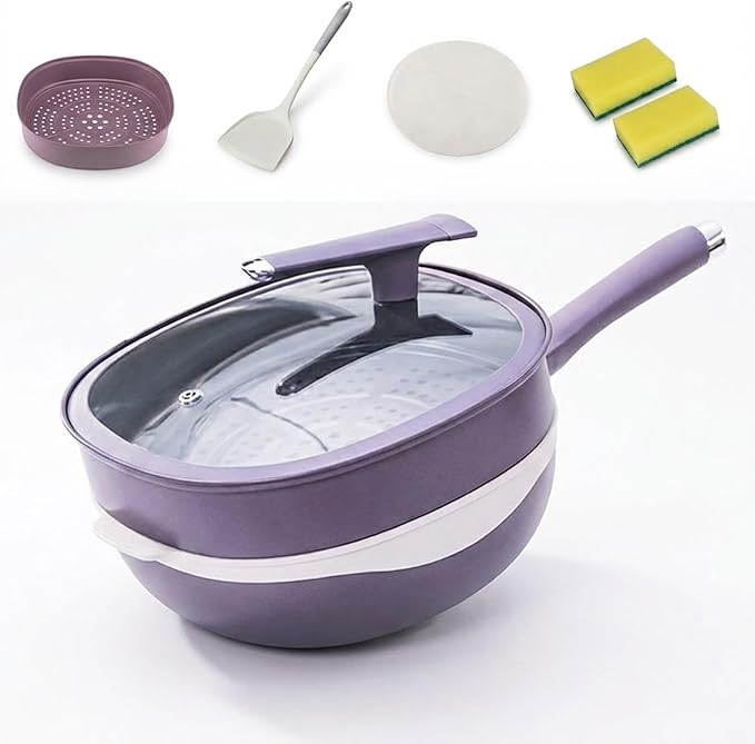 12 Inch Titanium Alloy Non Stick Pot With Lid With Steamer Non Stick Frying Pan Set With Lids For Cooking Nonstick Frying Cookware Sets Deep Saute Pan (Purple)