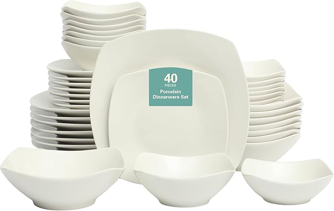 Gibson Home Brentwood 40-Piece Dinnerware Set – Square White Porcelain Plates and Bowls Service for 8 Dishwasher &amp Microwave Safe Modern Everyday Dinner Set with Cereal Dessert and Entrée Bow