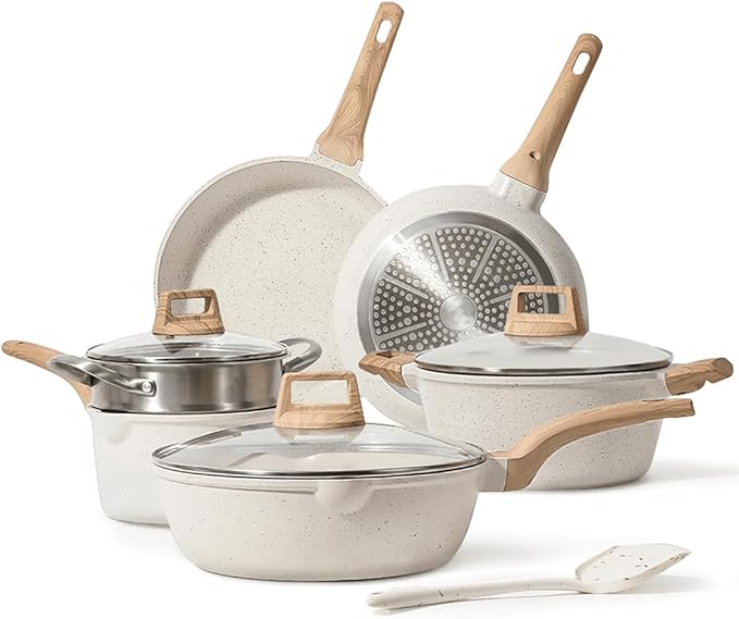Nonstick Pots and Pans Set 10 Pcs Healthy Non Stick Induction Stone Cookware Kitchen Granite Cooking Set for All Stoves Includes Induction Oven Safe PFOA &amp PFAS Free