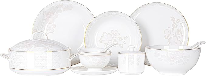 Fine Bone China Dinnerware SetPorcelain&ampCeramic Dinnerware SetsBone Stoneware&ampCeramic Cookware Tableware Set Includes Dinner Plates|Spoons|Pasta Bowls|Soup Pot|Chopsticks (48PCS * 6-Person S