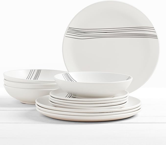 Tabletops Gallery 12-Piece Embossed White Black Striped Stoneware Dinnerware Set of Kitchen Dishes Round Dinner Salad Plates Cereal Bowls Service for 4 Skye