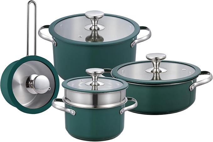9pcs 304 Stainless Steel Cookware Set with Ceramic Coating – Nonstick Durable and Elegant Kitchen Pots with Glass Lids – Compatible with All Stovetops Easy to CleanGreen