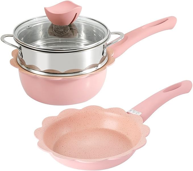 Nonstick Pots and Pans Set Multi-layer Nonstick Coating Matching Lids With Gold HandlesKitchen Soup Non-Stick Frying Pan Set Pot Milk Pan with Handle Lid Pot Cookware Set Cooking Utensils Pink