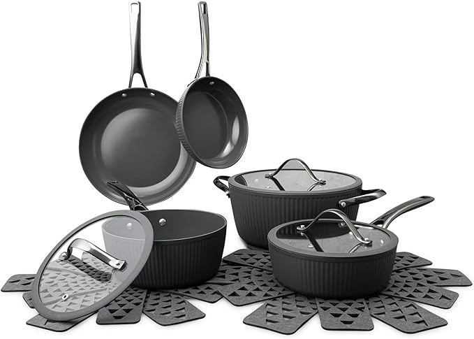 12 Pc Ceramic Cookware Set Nonstick Pots Pans and Fry Pans – Ceramic Non-Stick Ribbed Cookware Set Ergonomic Stay Cool Handles 446°F Oven Safe Dishwasher Safe (Grey)