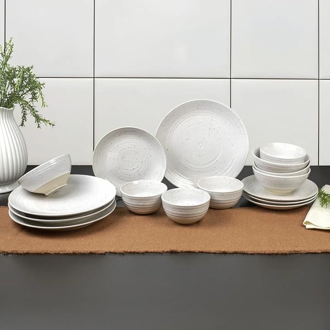 Sango Siterra 16-Piece Rustic White Stoneware Dinnerware Set – Service for 4 White with Glossy Speckle Overlay for Everyday Dining &amp Entertainment Microwave &amp Dishwasher Safe