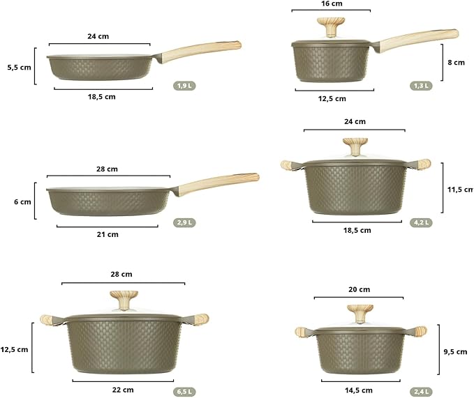 Bambù 10Pcs Cookware set Die-cast Aluminum pots and pans Nonstick frying pans and casseroles Induction safe PFOA-free (Green and Cream 10 pcs)