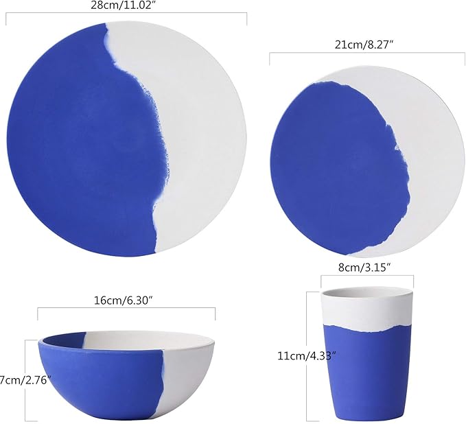 MORGIANA Bamboo Dinnerware Set 8-Pieces Reusable Tableware Set Eco-Friendly Plates Cups Bowls for Camping Picnic Outdoor Party (blue &amp white)