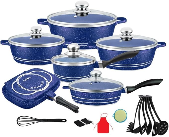 Cookware Seat Set of 18 Pieces Aluminum Marbled Coating Pant and Pits Set with Full Set of Spatulas Compatible with All Heat Sources（Induction Cooker Can Not Be Use） Blue