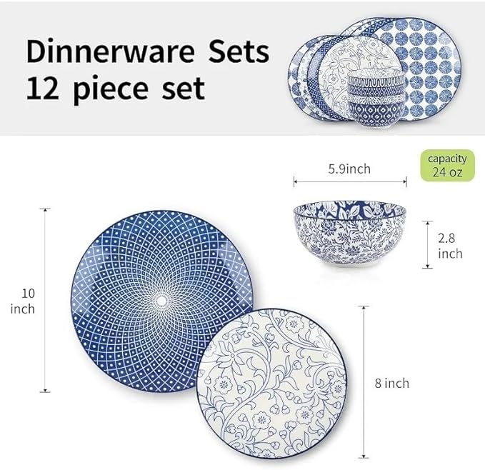 Ceramic 12-Pieces Dinnerware Sets Dish Plates and Bowls Service for 4 Dinner Salad Dessert