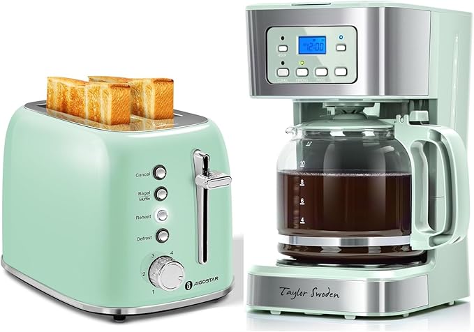 Taylor Swoden 12-Cup Programmable Coffee Maker and Aigostar Toaster 2 Slice Retro Toaster Stainless Steel 1.6 inch Extra Wide Slots Bread