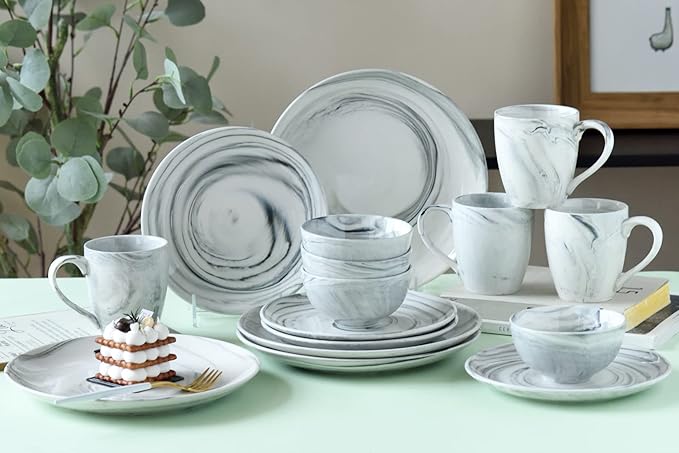 16 Piece Marble Dishes Dinnerware Sets Marble Porcelain Dinnerware Set Grey (4×Dinner Plates 4×Dessert Plates 4×Bowls 4×Mugs 16 Pack)