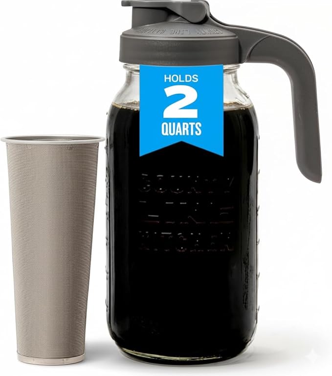 County Line Kitchen Glass Cold Brew Coffee Maker with Lid - Wide Mouth 2 Quart (64 oz) - Heavy Duty Leak Proof - Sun &amp Iced Tea Pitcher Cold Brew Coffee Breast Milk Storage Water - Gray