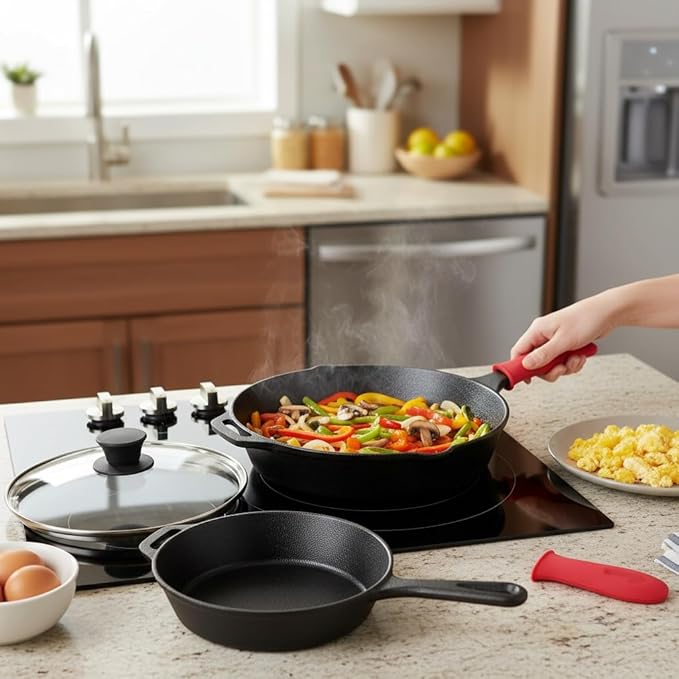 9-Piece Cast Iron Skillet Set with Lids 6/8/10 Inch Skillets &amp Red Silicone Holders Stovetop Oven Grill Multipurpose Cast Iron Cookware Set