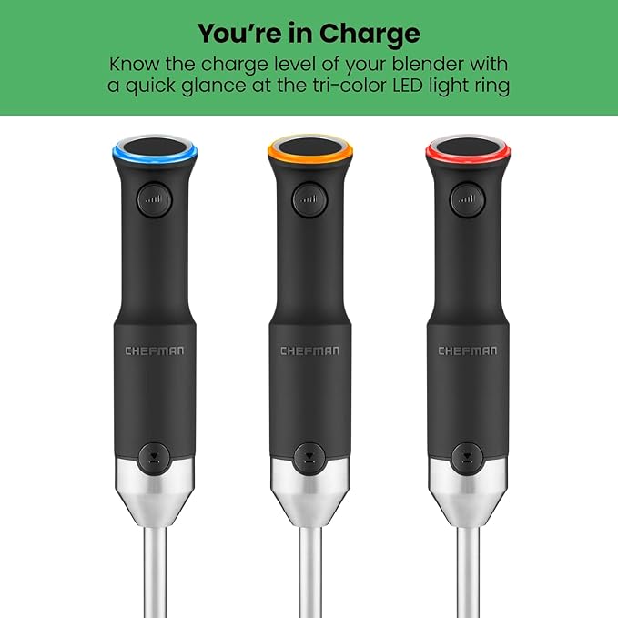 Chefman Cordless Power Portable Immersion Blender Ice Crushing Power with One-Touch Speed Control USB Charging Quickly Mixes Smoothies Purees Soups Dips Sauces Storage Case Stainless Steel