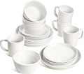 LE TAUCI Dinnerware Sets with Mugs for 4 Stoneware Plates and Bowls Set Stackable Microwave &amp Dishwasher Safe Ceramic Dishes 16-Piece White (10 Dinner &amp 8 Salad Plates 6 Bowls 18 oz