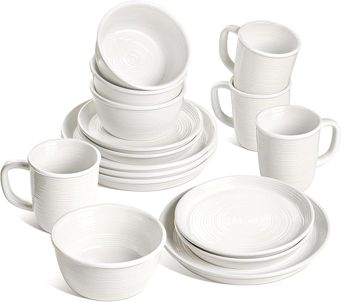 LE TAUCI Dinnerware Sets with Mugs for 4 Stoneware Plates and Bowls Set Stackable Microwave &amp Dishwasher Safe Ceramic Dishes 16-Piece White (10 Dinner &amp 8 Salad Plates 6 Bowls 18 oz