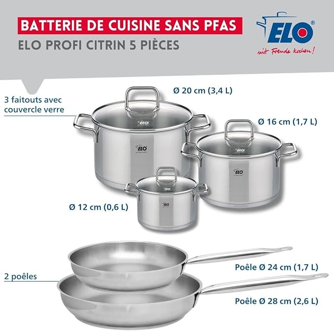 ELO 9503350 Cookware Set 5 Pieces 2 Frying Pans 24 and 28 cm and 3 Saucepans 12 16 and 20 cm Elo Profi Citrine Stainless Steel Induction