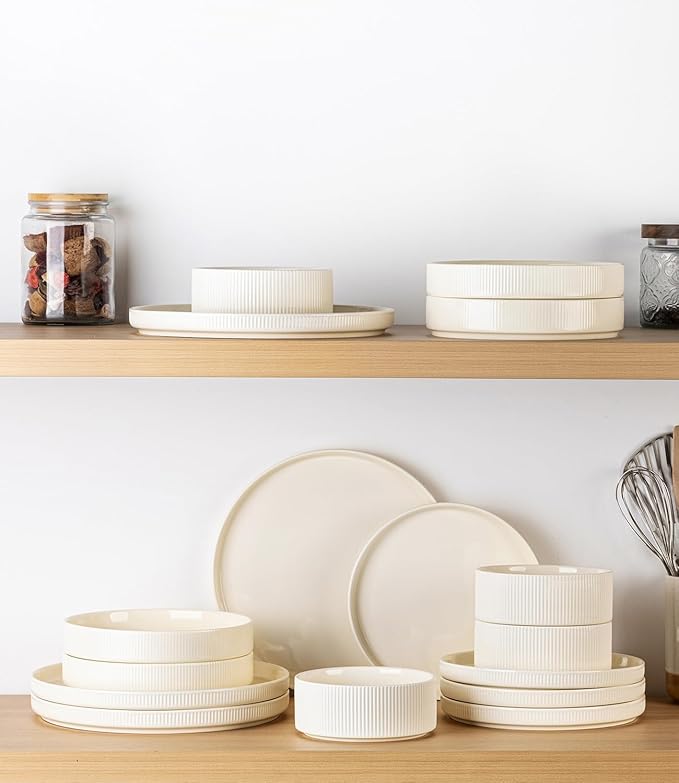 TheTerra Ceramic Dinnerware Sets with Pasta Bowls for 4 16 Pieces Porcelain Lightweight Speckled Plates and Bowls Sets Scratch Resistant Dish Set Oven &amp Microwave &amp Dishwasher Safe Beige