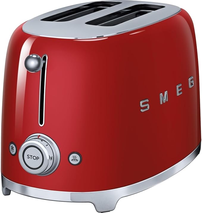 Smeg TSF01RDUK Retro 2 Slice Toaster 6 Browning Levels Extra-Wide Bread Slots Defrost and Reheat Functions Removable Crumb Tray 950 W Red