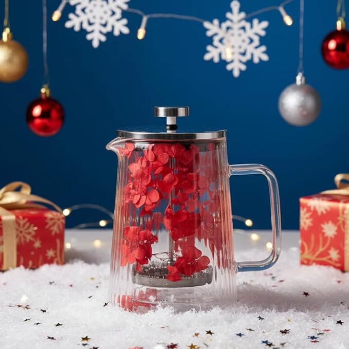 Glass French Press Coffee Maker 22oz (Red Floral) – Double-Wall Borosilicate Ribbed Coffee Press with Stainless Steel Filter Manual Coffee Brewer &amp Tea Press