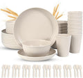LAERJIN 56 Piece Wheat Straw Dinnerware SetsUnbreakable Reusable Dinnerware SetDishwasher &amp Microwave Safe Plates and Bowls Sets for Apartment Essentials Outdoor Camping Beige White