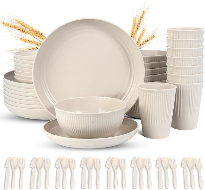LAERJIN 56 Piece Wheat Straw Dinnerware SetsUnbreakable Reusable Dinnerware SetDishwasher &amp Microwave Safe Plates and Bowls Sets for Apartment Essentials Outdoor Camping Beige White