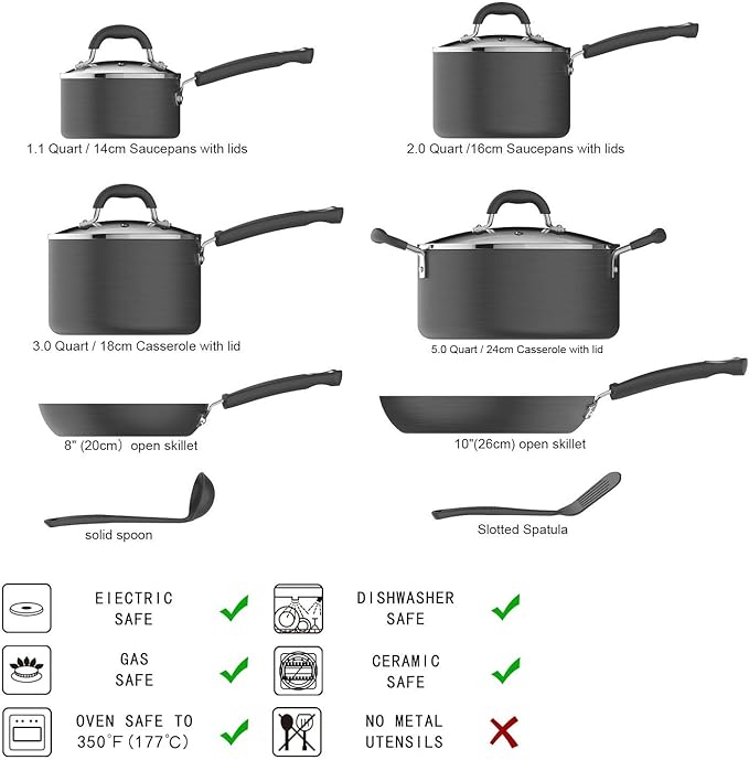 Amazon Basics Hard Anodized Non-Stick 12-Piece Cookware Set Pots Pans and Utensils Black