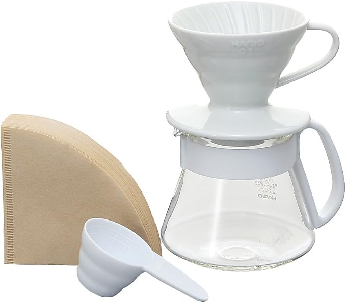 Hario V60 Size 01 Pour Over Set with Ceramic Dripper Glass Server Scoop and Filters White