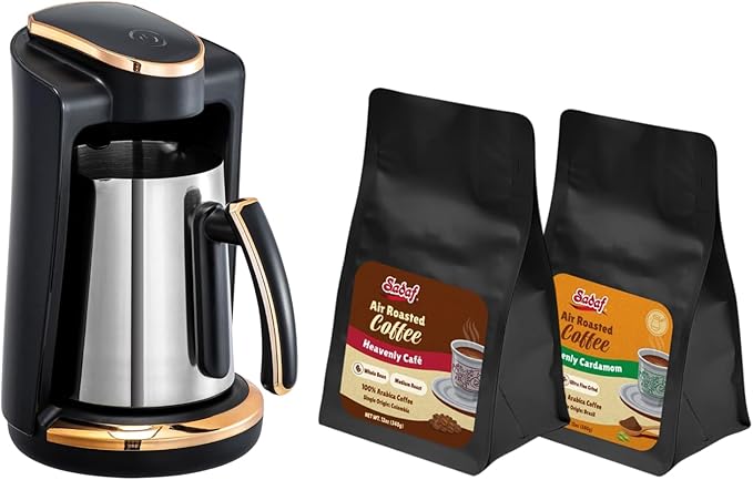 Sadaf Mediterranean Bundle – One-Touch Electric Turkish Coffee Maker + Air Roasted Cardamom Ground &amp Colombian Whole Bean Coffees – Authentic Middle Eastern Experience